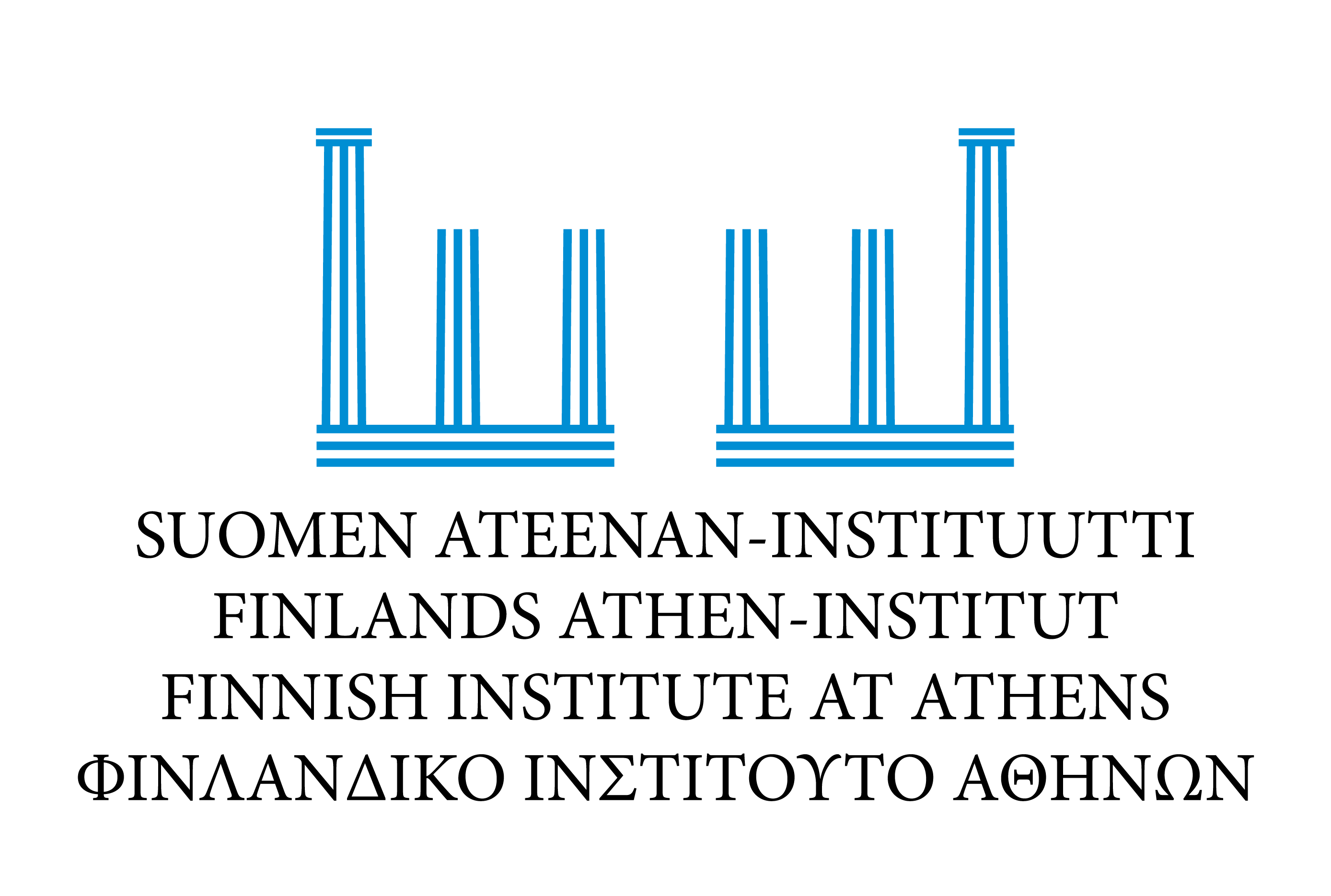 Institute's logo consisting of six blue pillars against white background. Pillars are made of vertical and horizontal lines and lay upon a base formed by horizontal blues. Below the pillars reads the institute's name in Finnish, Swedish, English and Greek.  