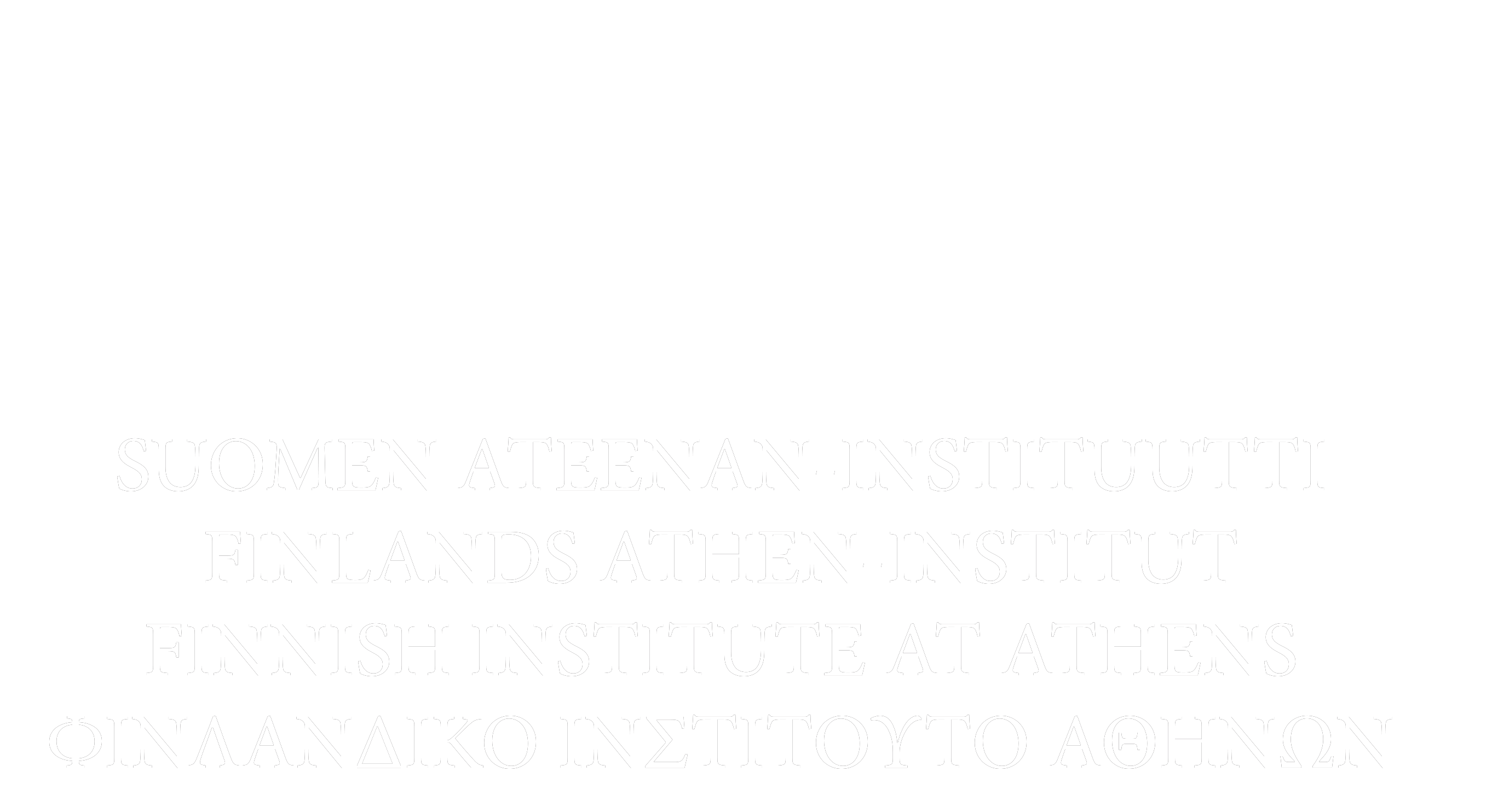 Instituutin logo, jossa valkoisella pohjalla kuusi sinistä pylvästä. Pylväät muodostuvat pysty ja vaaka viivoista. Pylväät lepäävät vaakasuuntaisten sinisten viivojen muodostaman jalusta päällä. Pylväiden alla lukee instituutin nimi suomeksi, ruotsiksi, englanniksi ja kreikaksi. 
