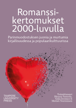 Etukansi teoksesta Romanssikertomukset 2000-luvulla. Punainen sydänilmapallo, josta leijailee mustia palaneita hiutaleita.