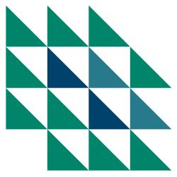 A geometric pattern of green and blue triangles arranged in a grid, forming a slanted square shape.