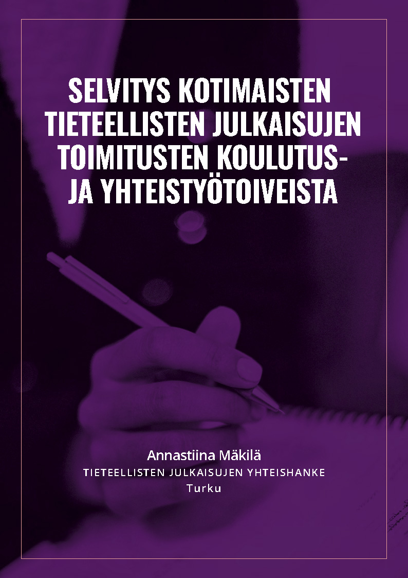 Selvityksen kansikuva: violetti-musta kuva jossa otsikko ja käsi joka pitelee kynää.