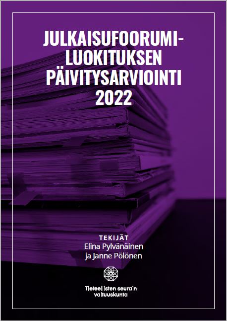 Raportin kansikuva. Kirjapino violetilla taustalla.